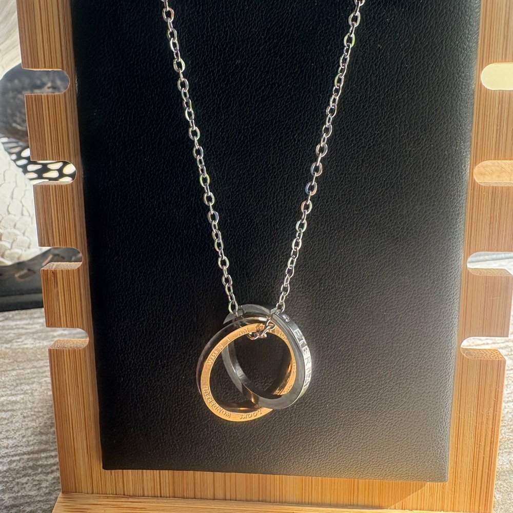 New Titanium over Stainless Steel Pendant, Silver and Gold Interlocking Necklace - Picture 6 of 10